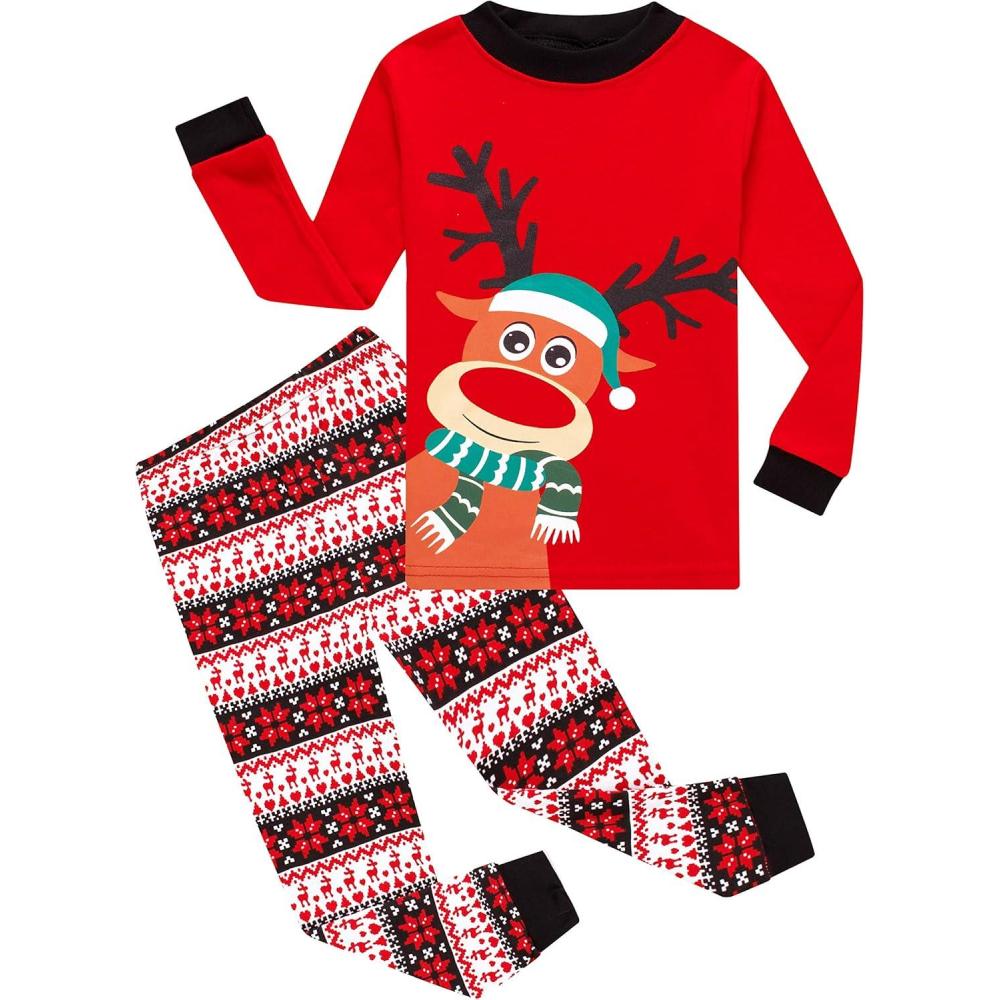imageFamily Feeling Kids amp Toddler Girls Boys Pajamas 2 Piece Pjs Set 100 Cotton SleepwearChristmasRedReindeerA3