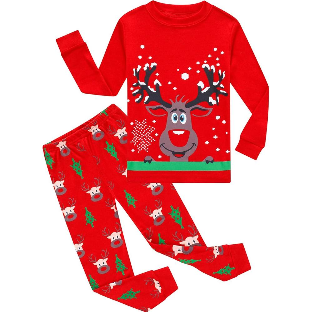 imageFamily Feeling Kids amp Toddler Girls Boys Pajamas 2 Piece Pjs Set 100 Cotton SleepwearChristmasRedReindeerA4