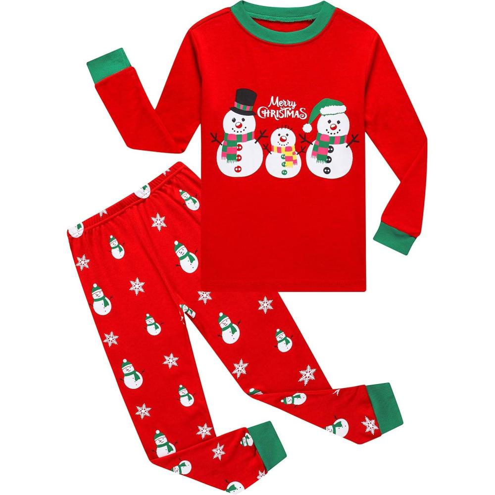 imageFamily Feeling Kids amp Toddler Girls Boys Pajamas 2 Piece Pjs Set 100 Cotton SleepwearChristmasSnowmanRed