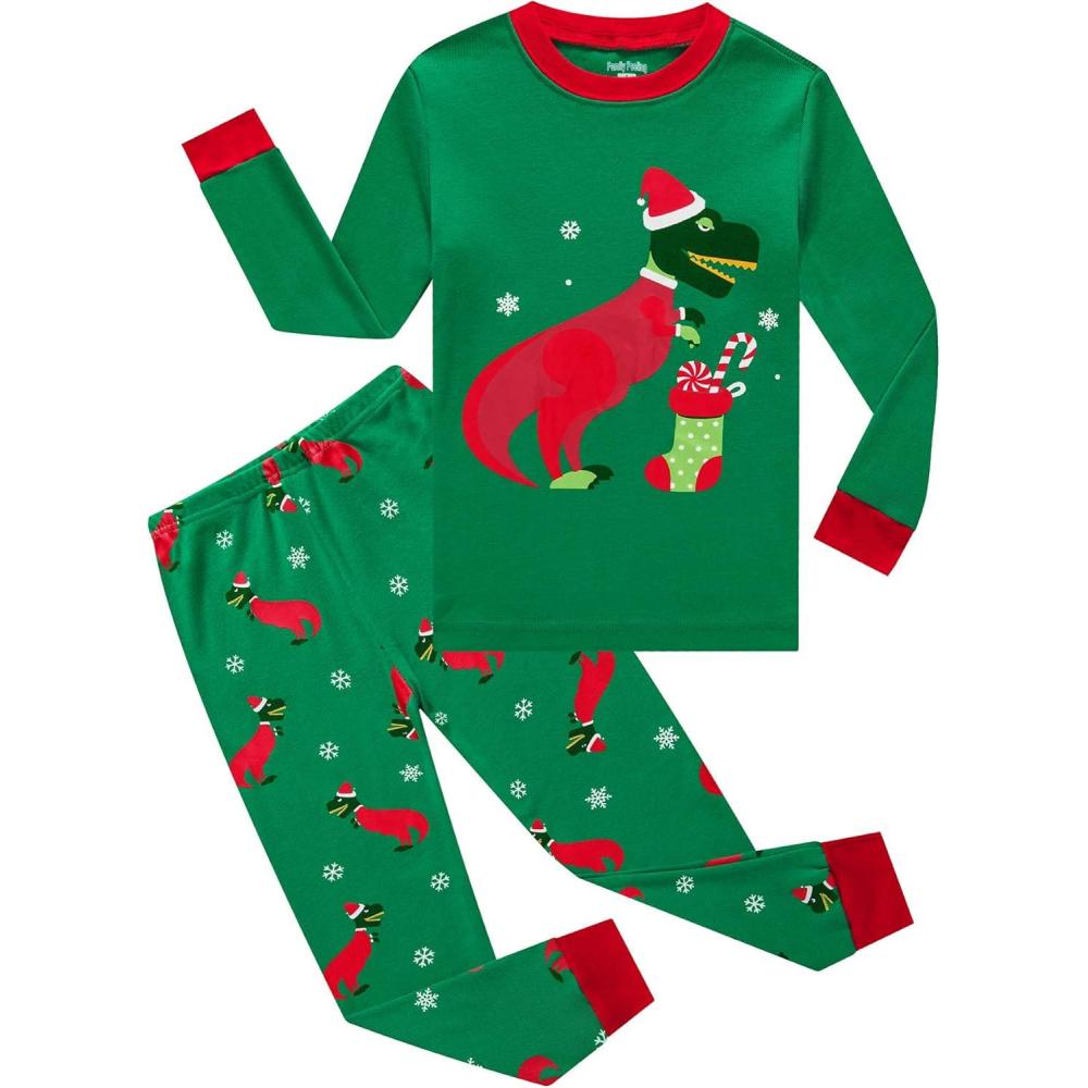 imageFamily Feeling Little Boys Pajamas Sets 100 Cotton Long sleeve PjsChristmasDinosaurGreen
