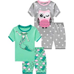 Family Feeling Giraffe Little Girls’ Short Pajamas 100% Cotton Clothes(4-piece-owlmermaid2-7)