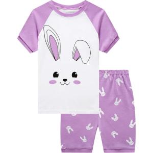 Family Feeling Giraffe Little Girls’ Short Pajamas 100% Cotton Clothes(Rabbit/White/F9)