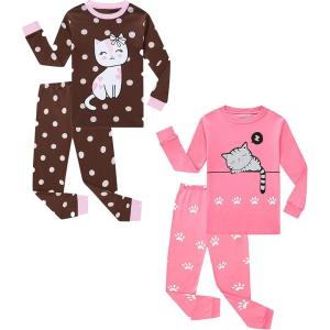Family Feeling Kids & Toddler Girls Boys Pajamas 2 Piece Pjs Set 100% Cotton Sleepwear(4-piece-cat-brown-pink)