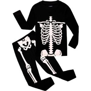 Family Feeling Little Boys Pajamas Sets 100% Cotton Long sleeve Pjs(Black/Skeleton/Golw-in-the-dark)