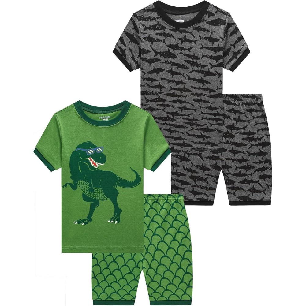 imageFamily Feeling Boys Summer Pajamas Sets Short 100 Cotton Pjs4piecesharkdinogreen