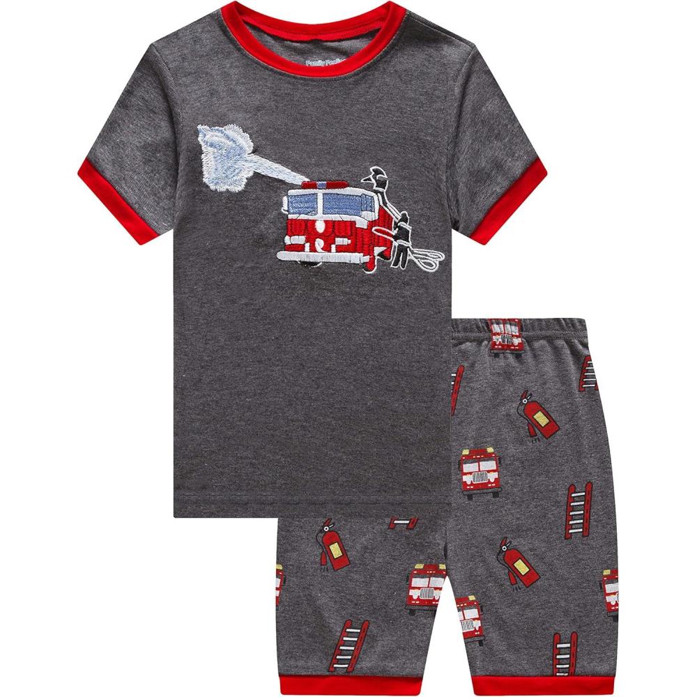 imageFamily Feeling Little Big Boys Summer Pajamas Sets Short 100 Cotton PjsFire TruckF1