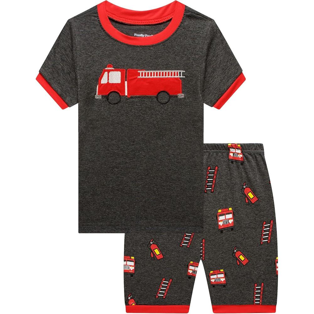 imageFamily Feeling Little Big Boys Summer Pajamas Sets Short 100 Cotton PjsFire TruckFo1