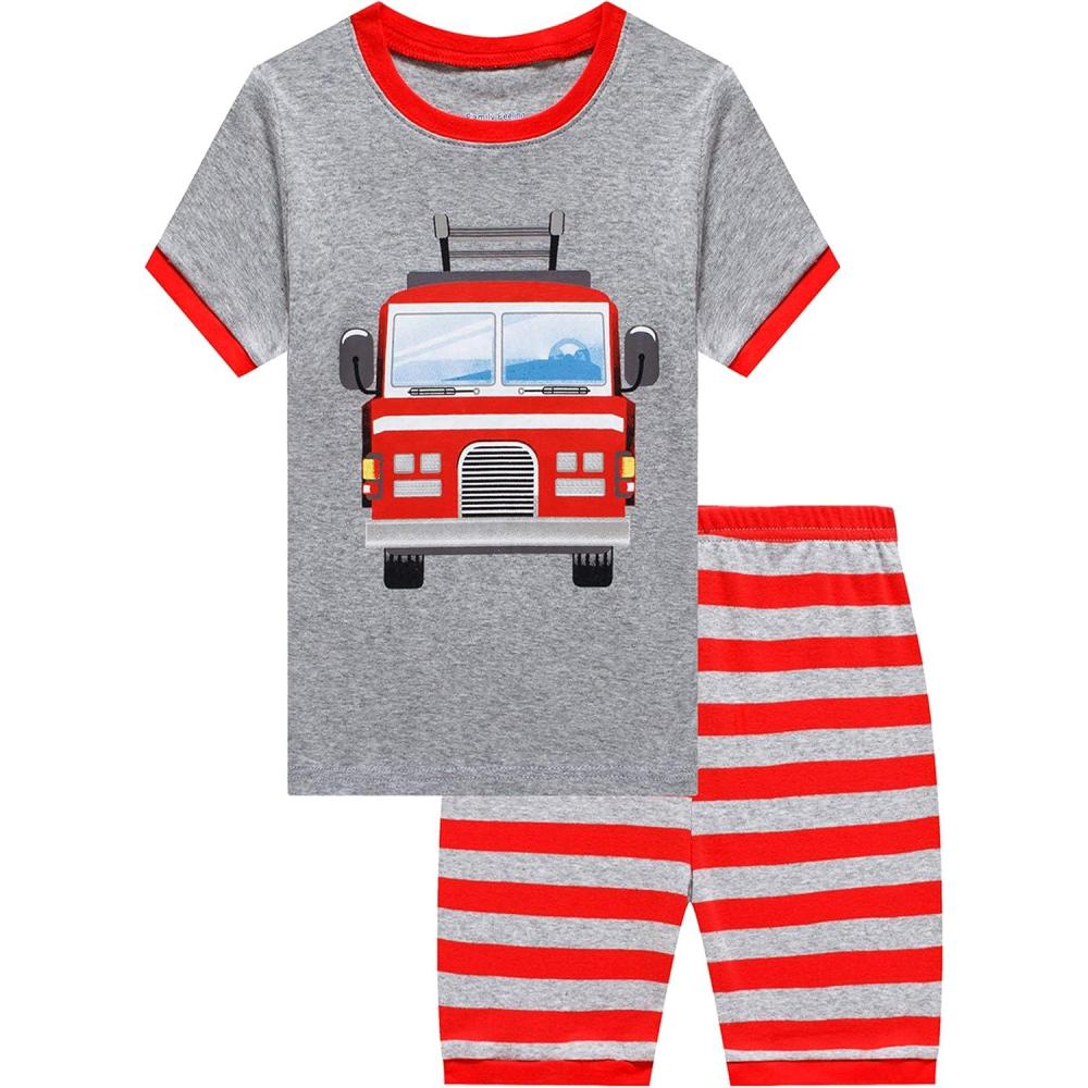 imageFamily Feeling Little Big Boys Summer Pajamas Sets Short 100 Cotton PjsFiretruckF1