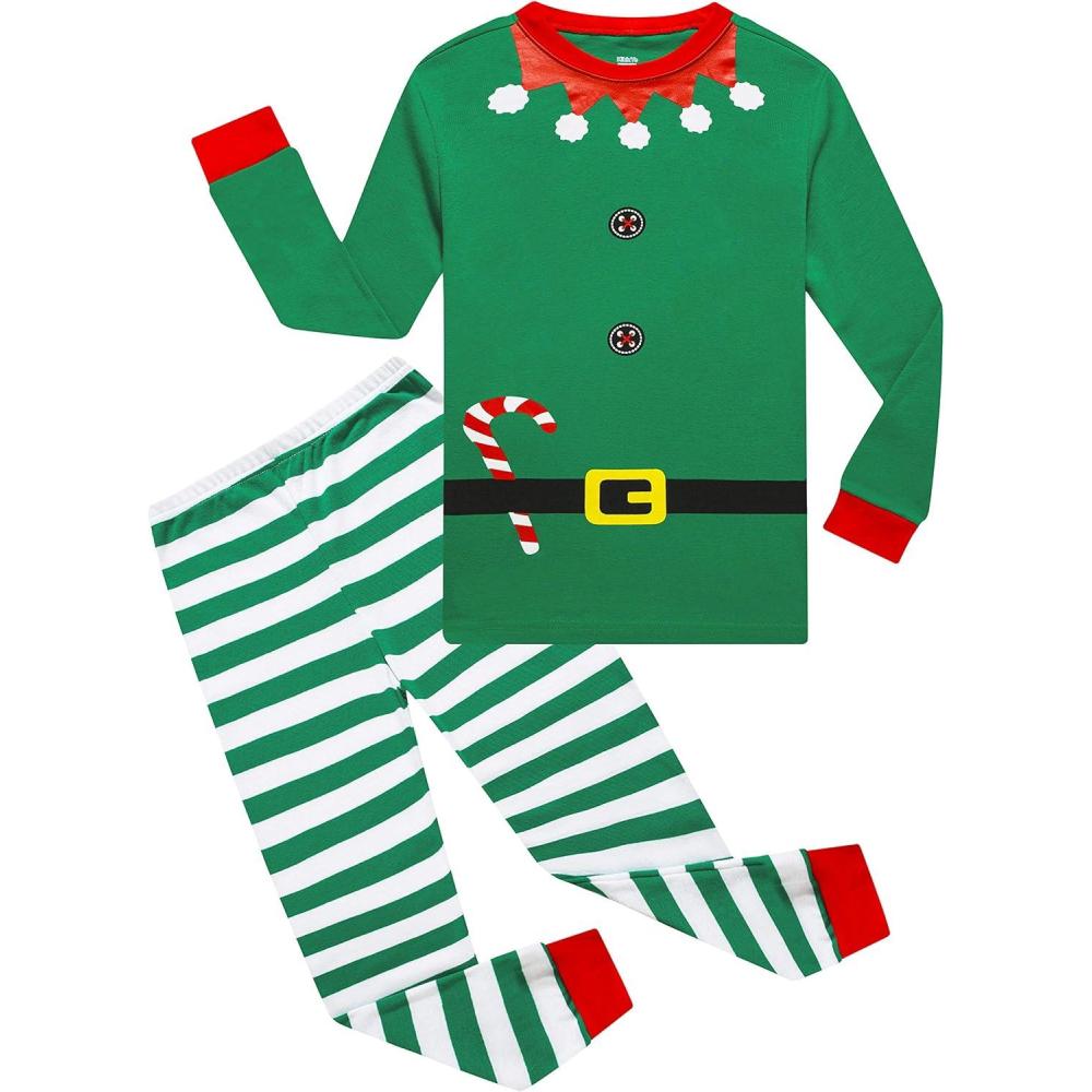 imageFamily Feeling Striped Boys Girls 2 Piece Christmas Pajamas Set 100 Cotton PjsElfGreen6016