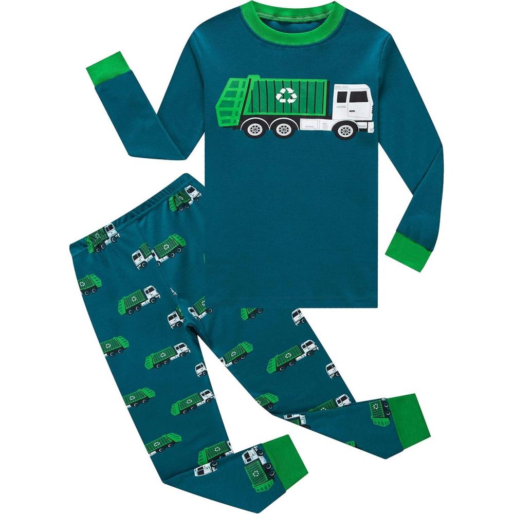 imageFamily Feeling Striped Boys Girls 2 Piece Christmas Pajamas Set 100 Cotton PjsGarbage TruckPeacock Blue