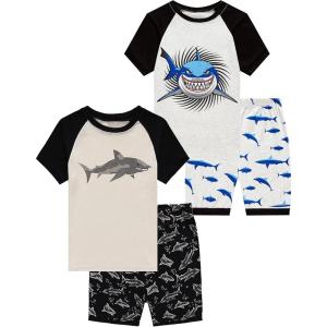 Family Feeling Boys Summer Pajamas Sets Short 100% Cotton Pjs(4 Piece-grey-shark)