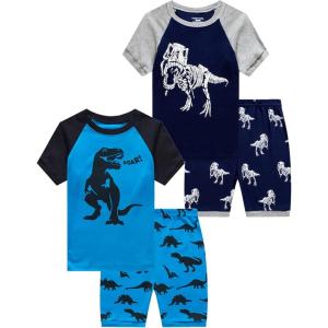 Family Feeling Boys Summer Pajamas Sets Short 100% Cotton Pjs(4-piece-bluedinosaur)