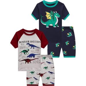 Family Feeling Boys Summer Pajamas Sets Short 100% Cotton Pjs(4-piece-dinosaur-dragon)
