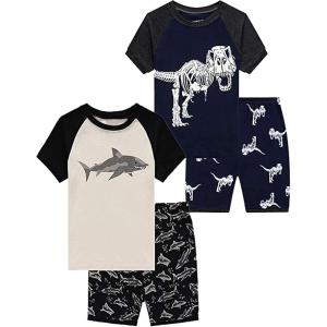 Family Feeling Boys Summer Pajamas Sets Short 100% Cotton Pjs(4-piece-dinosaurshark)