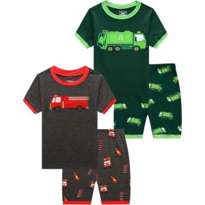 Family Feeling Boys Summer Pajamas Sets Short 100% Cotton Pjs(4-piece-garbage-truck)
