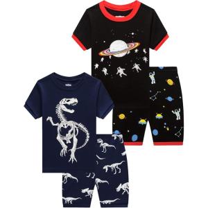 Family Feeling Boys Summer Pajamas Sets Short 100% Cotton Pjs(4-piece-space-dinosaur)