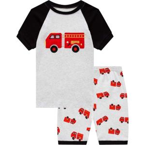 Family Feeling Boys Summer Pajamas Sets Short 100% Cotton Pjs(Fire Truck/F3)