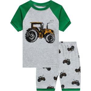 Family Feeling Boys Summer Pajamas Sets Short Sets(Grey/Tractor Print)