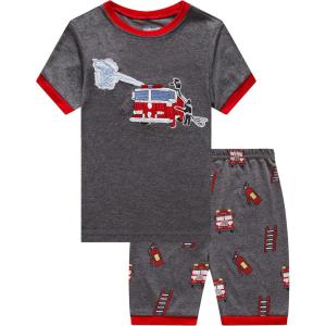 Family Feeling Little Big Boys Summer Pajamas Sets Short 100% Cotton Pjs(Fire Truck/F1)
