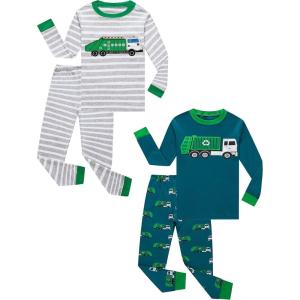 Family Feeling Striped Boys Girls 2 Piece Christmas Pajamas Set 100% Cotton Pjs(4-piece-garbage-truck)