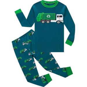 Family Feeling Striped Boys Girls 2 Piece Christmas Pajamas Set 100% Cotton Pjs(Garbage Truck/Peacock Blue)
