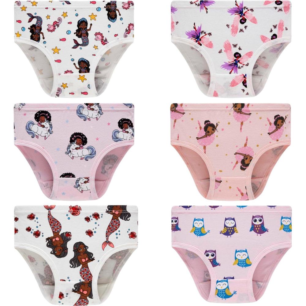 imageFamily Feeling Girls Soft Underwear Comfortable amp Breathable Printed Pattern Panties for Kids6 Pack MermaidCartoonAnimal Print