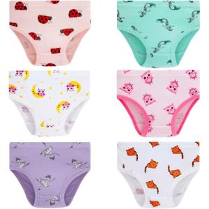 Family Feeling Girls’ Soft Underwear – Comfortable & Breathable Printed Pattern Panties for Kids(6 Pack – Cartoon/Animal Print)