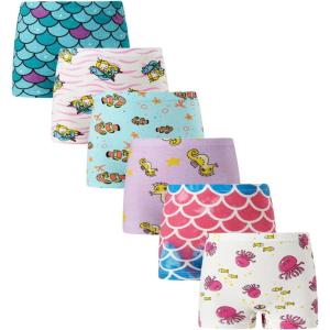 Family Feeling Soft Cotton Girls’ Boyshort Panties Brief Underwear(6 Pack -Pattern Printing/Mermaid/Fish)