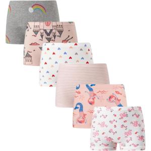 Family Feeling Soft Cotton Girls’ Boyshort Panties Brief Underwear(6 Pack -Pattern Printing/Stripe)
